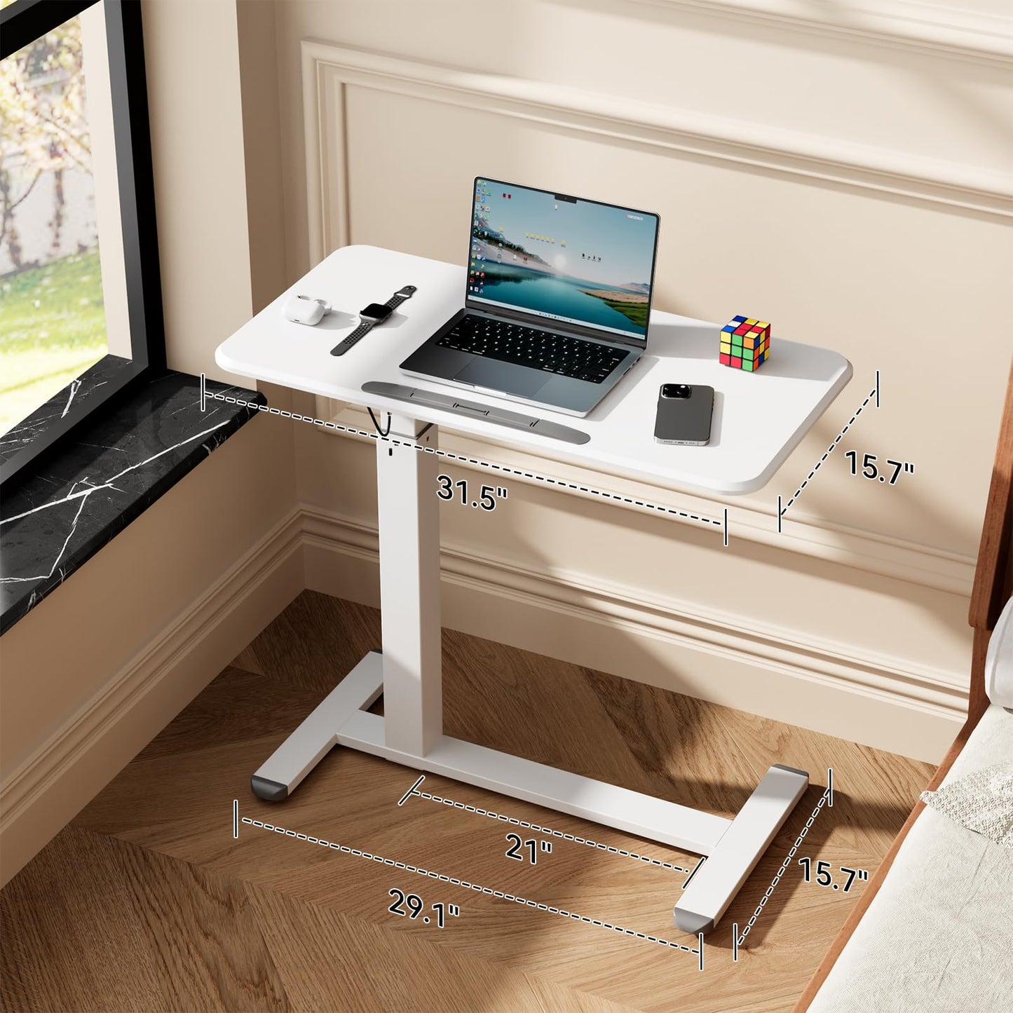 JYLH JOYSEEKER Mobile Standing Desk, Height Adjustable Left/Right Overbed Bedside Table, 90° Tiltable Portable Laptop Desk with Wheels, Foldable Computer Cart for Hospital Home Use, White