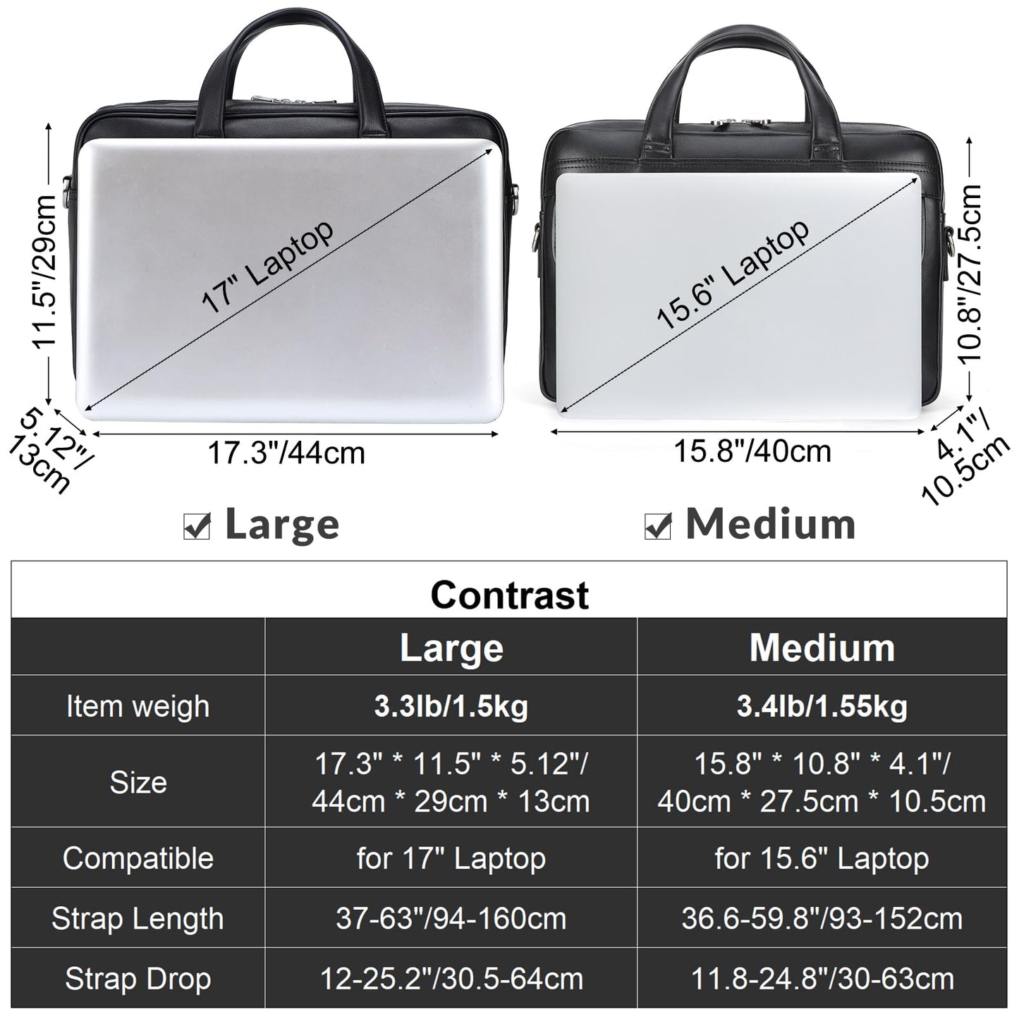 Masa Kawa Black Leather Briefcase for Men 15.6 Inch Laptop Computer Messenger Crossbody Shoulder Bag Business Travel Work Lawyer Teacher Brief Attache Case
