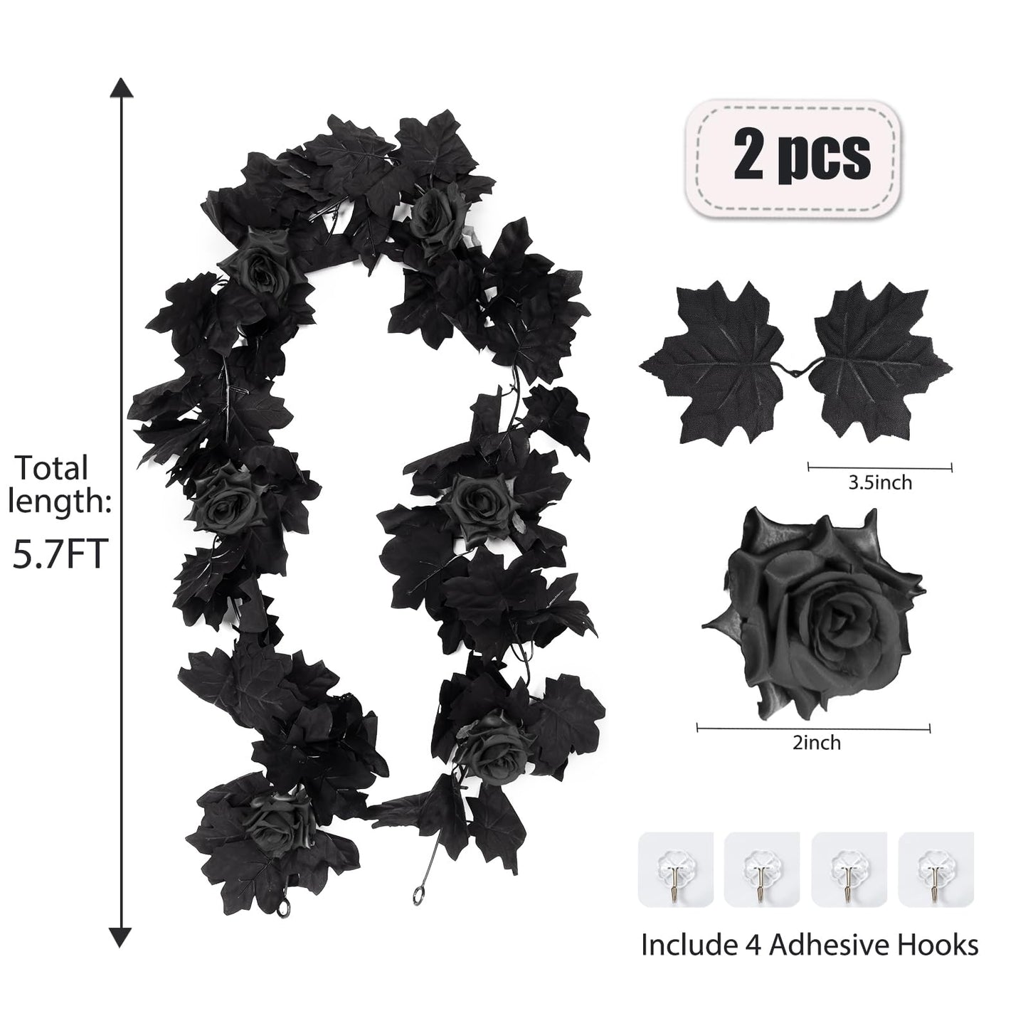 RECUTMS Black Artificial Flower Garland Fake Rose Vine Hanging Rose Vines Fall Maple Garland with Floral,Black Hanging Flowers for Gothic Wedding Decor Autumn Party Halloween Decor