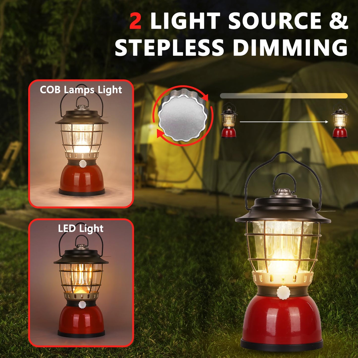LED Camping Lantern Rechargeable Stepless Dimming Vintage Rechargeable Vintage Lantern, 4000mAh Power Bank, IPX5 Waterproof Portable Hanging Lamp for Camping Hiking Emergency and Power Outage