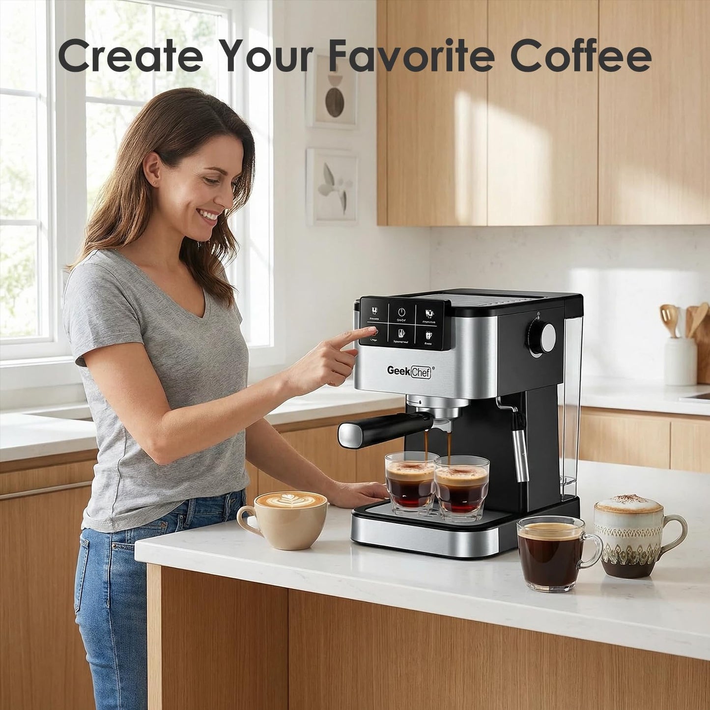 Geek Chef Espresso Machine, 20 Bar Espresso and Cappuccino Coffee Maker, Quick Heating Automatic, Latte & Cappuccino Creator, for Home, for Gift to Family, Friends, Coffee Shops