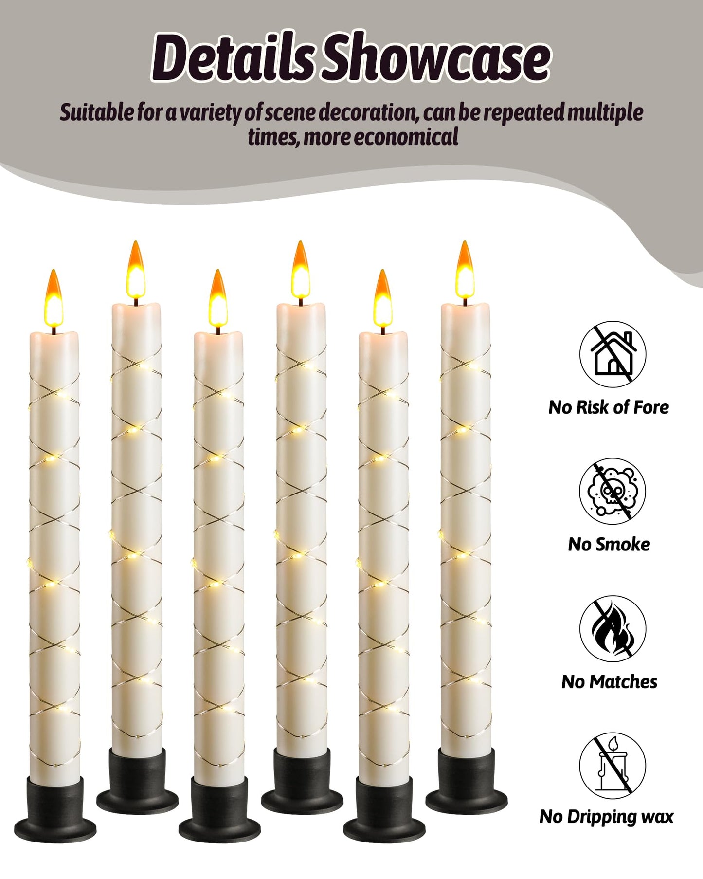 Da by 6 Flameless Window Candles with Remote Control & Timer, Surround String Lights, Battery Powered, 9.6" Christmas Candles, Free 6 Black Bases for Home Décor