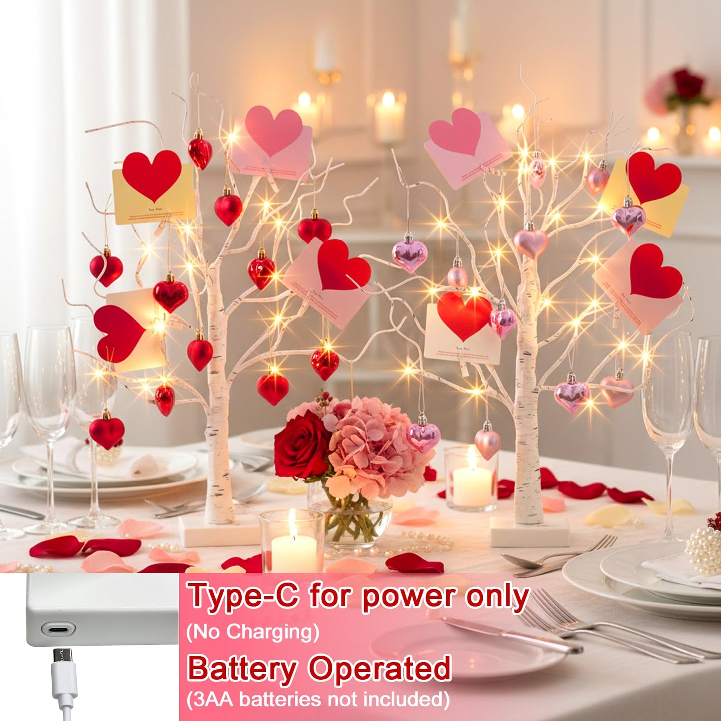 PEIDUO Valentine's Day Decorations, Set of 2 Gift Card Tree with 24 Hanging Heart Ornaments, for Home Indoor Bedroom Anniversary Wedding Party Decor, 6H/18H Timer