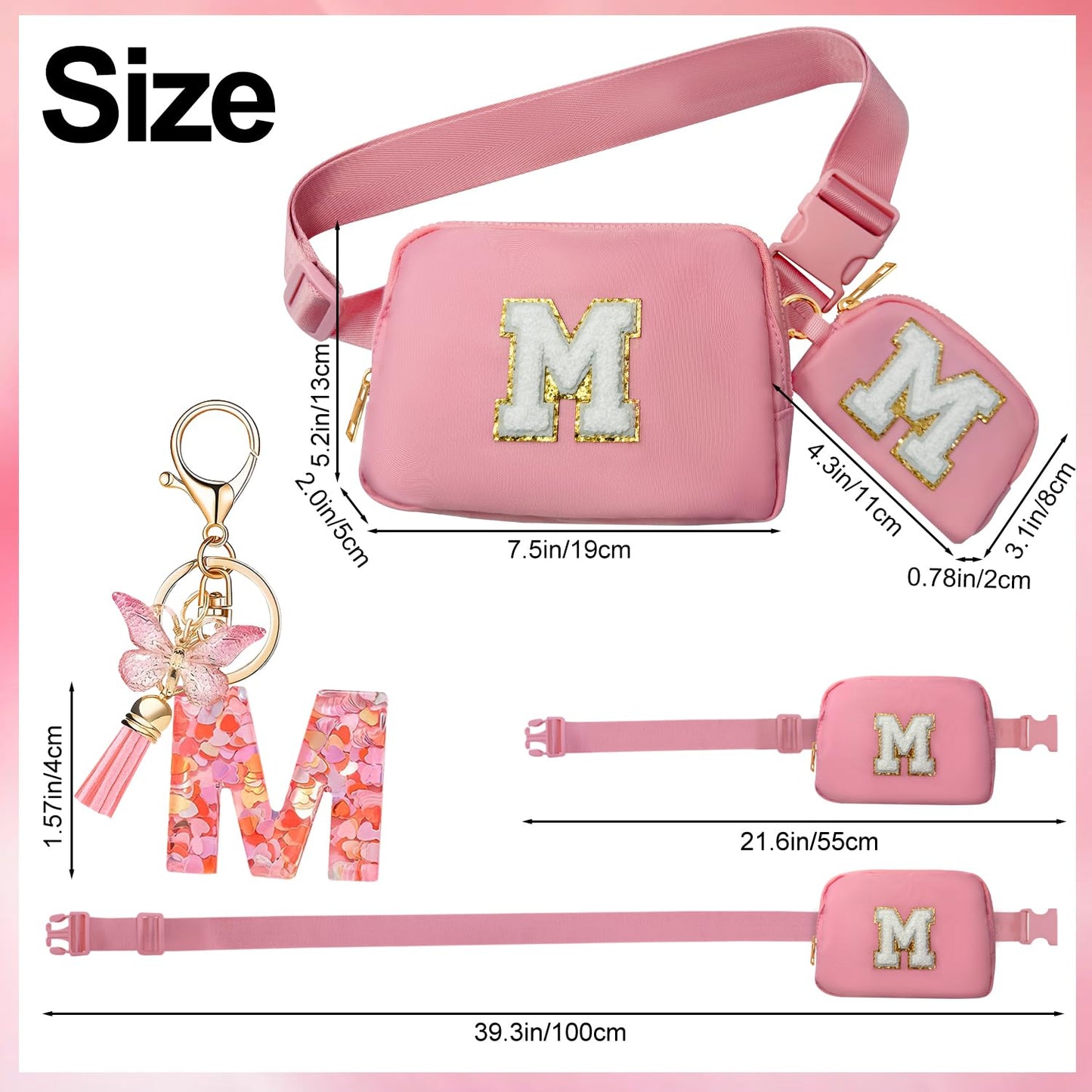 Personalized Fashion Waist Pack Wallet and Keychain, Initial Belt Bag Purse and Pendant, Fanny Cross Body Bag, Birthday Gifts, Fancy Trendy Stuff for Girl Mom Women Daughter Sister Friends(Pink A)