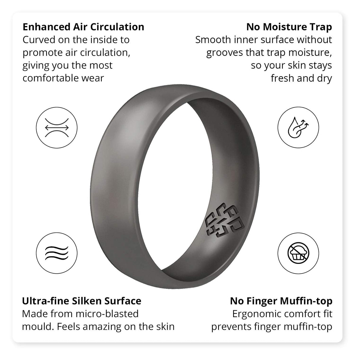 Knot Theory Dark Silver Silicone Ring for Women Men - Breathable Comfort Fit 4mm Wedding Band Size 7
