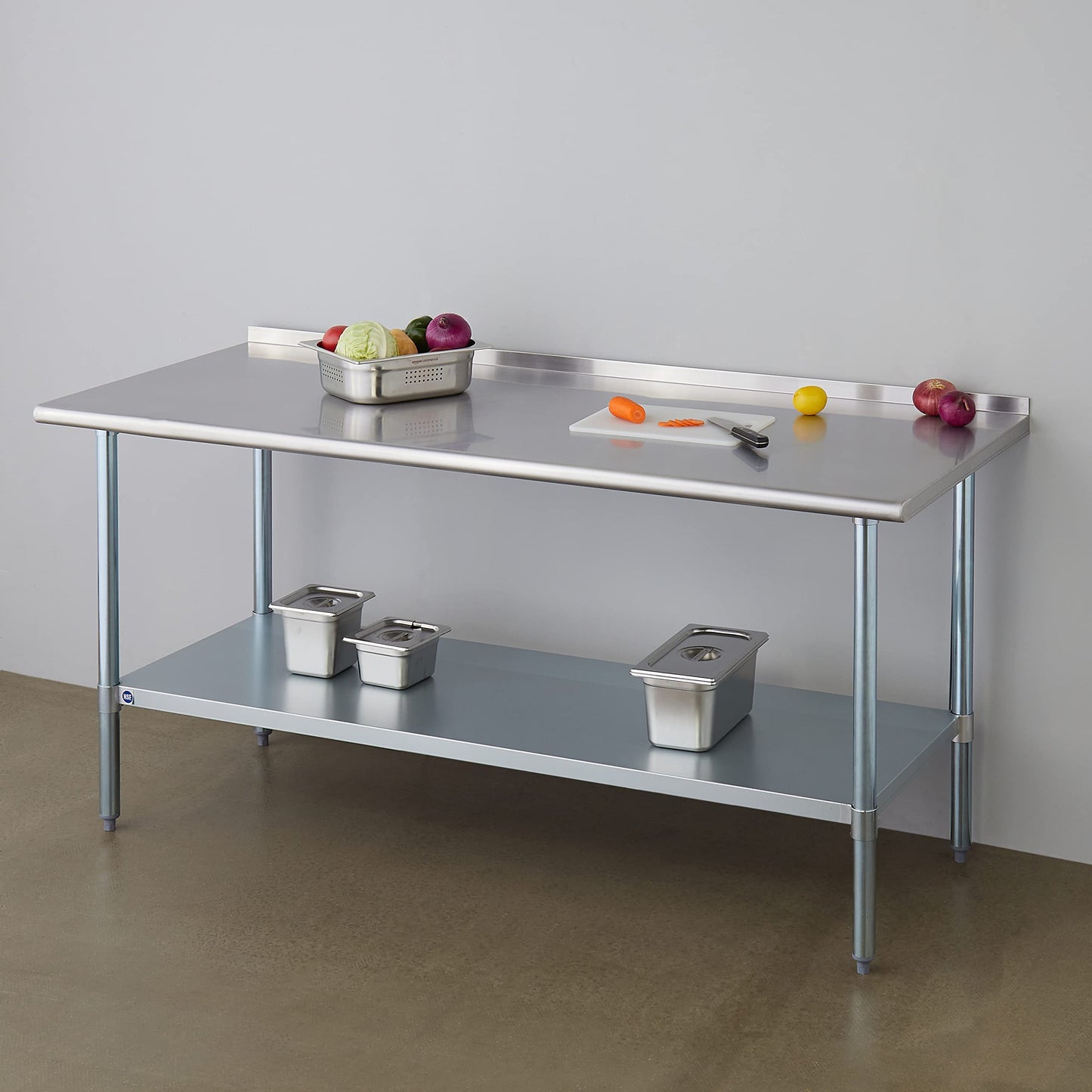 ROCKPOINT Stainless Steel Table for Prep & Work with Backsplash 30x72 Inches, NSF Metal Commercial Kitchen Heavy Duty Table with Adjustable Under Shelf and Table Foot for Restaurant, Home and Hotel
