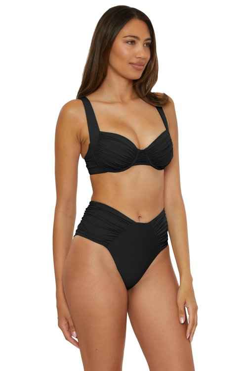 BECCA Women's Standard Color Code Shirred Underwire Bikini Top, Adjustable, Tie Back, Swimwear Separates, Black