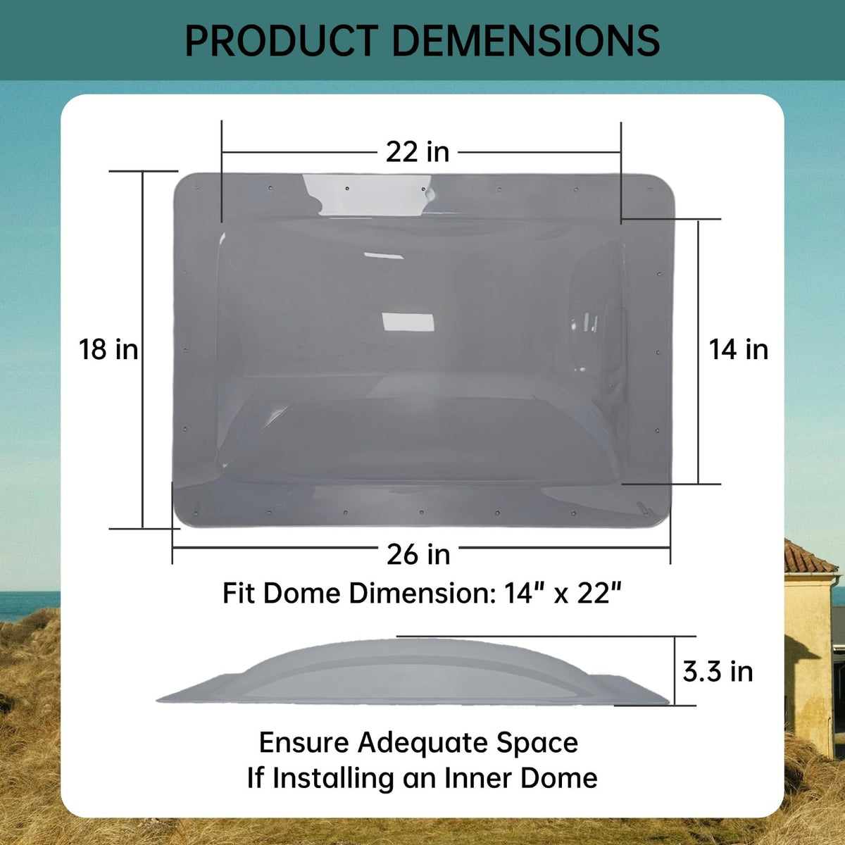 Beleeb RV Skylight Replacement 18" x 26" -Universal Outer Dome Fits All Standard 14"x22" Openings, RV Shower Skylight for Camper Trailer Fifth Wheel Motorhome Truck (SMOKE)