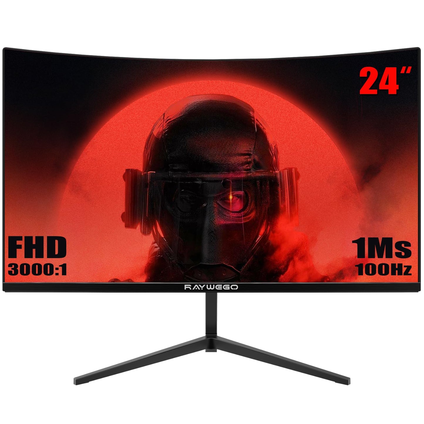 Raywego 24 inch Curved Monitor 100Hz 1ms, Computer Gaming Monitor FHD 1920 1080P,3000:1 Contrast Ratio, with FreeSync & Eye-Car