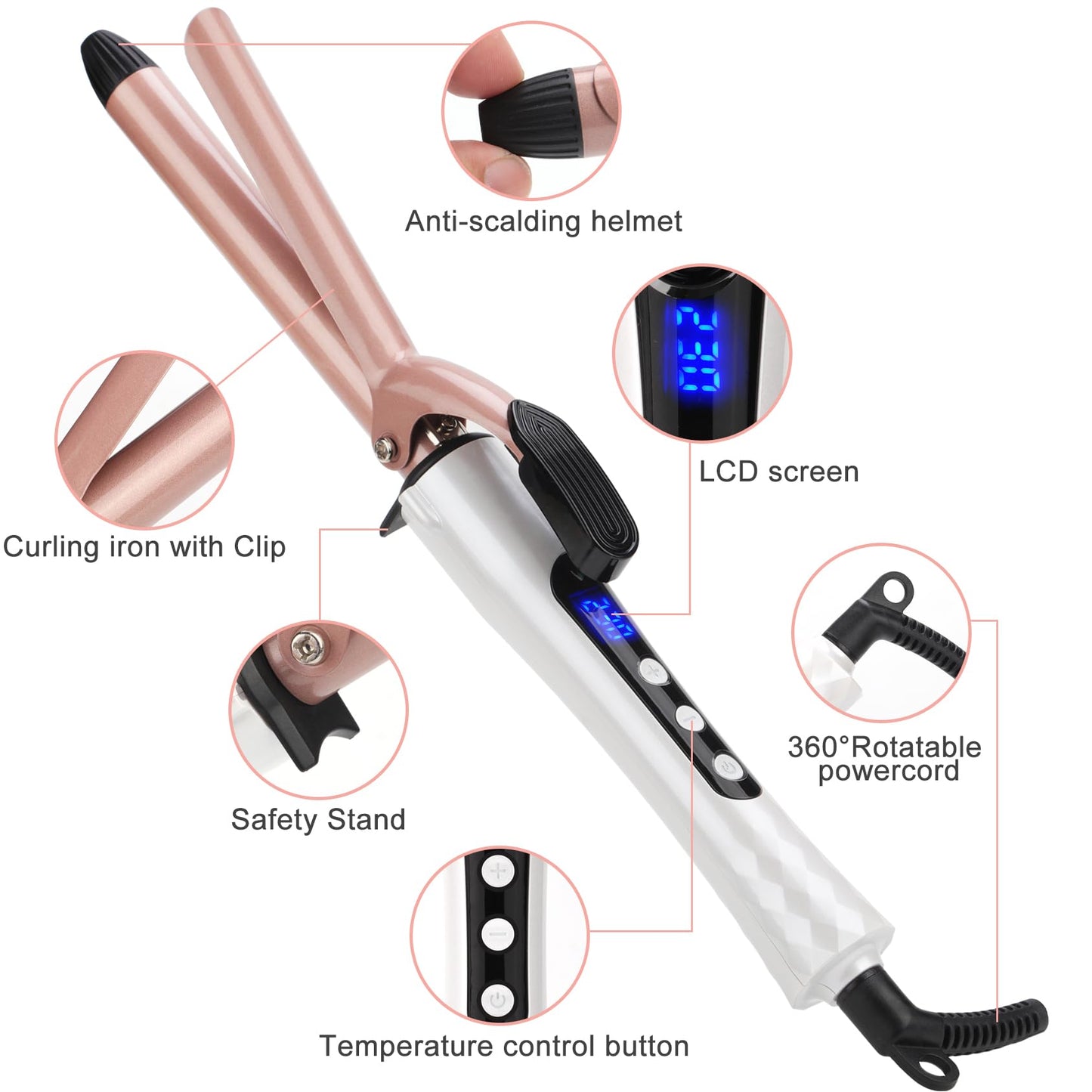 Curling Wand 19mm Professional Ceramic Hair Curling Iron with Clip for Short to Long Hair Styler Curler, Digital Display, Hair C