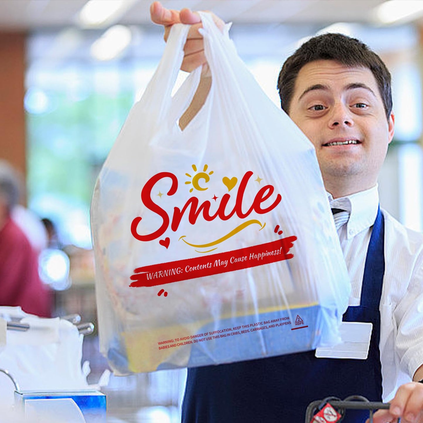 TGEONIX 100 Pack White Smile Plastic Bag - 11.5"x6.5"x21" T-Shirt Grocery Bags with Handles, Cheerful Alternative to Thank You Bags, Bulk for Retail, Supermarkets & Small Business