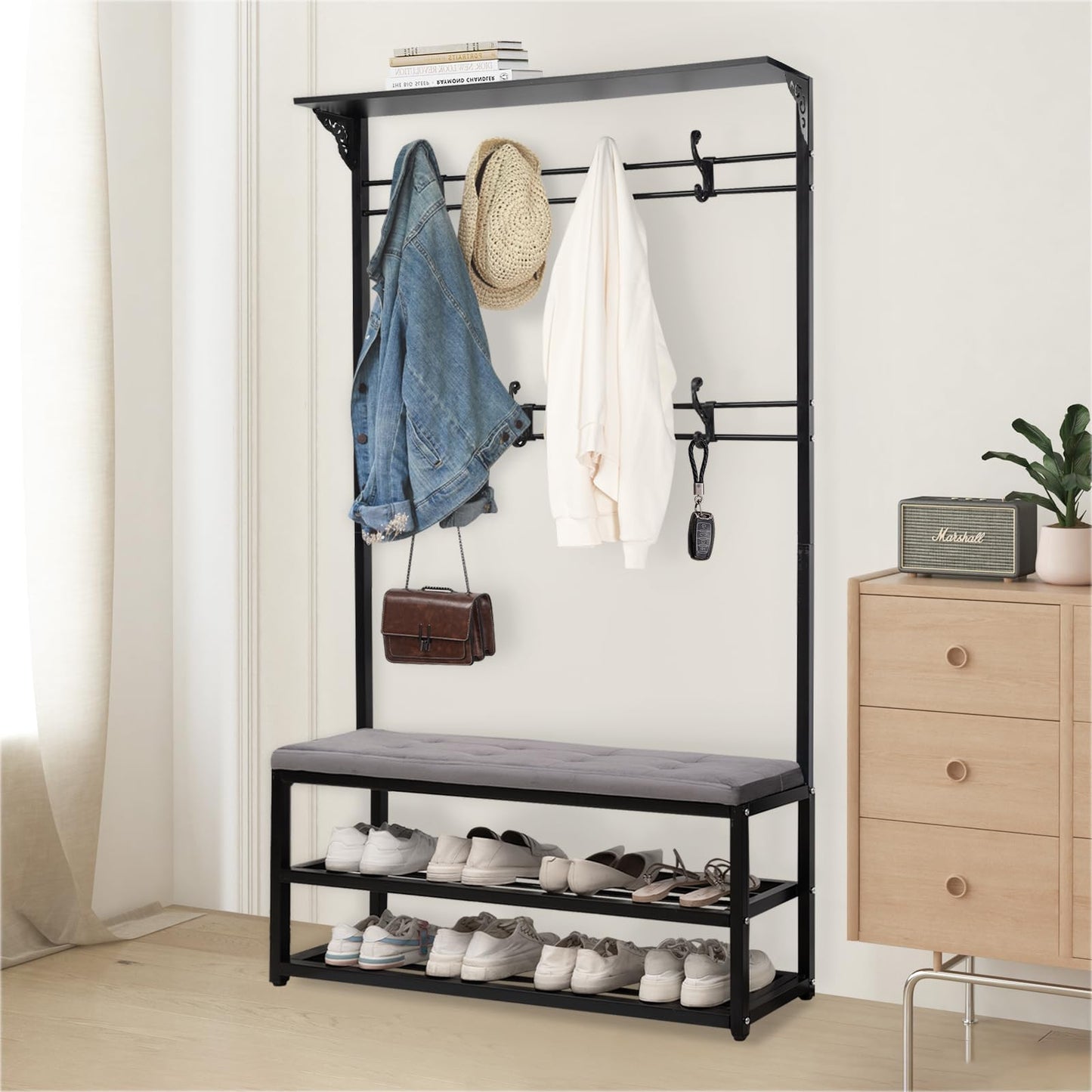 GuiMemi 4-in-1 Entryway Hall Tree with Bench & Shoe Storage, 39.3" Multifunctional Coat Rack Organizer for Mudroom, Entryway Furniture with Adjustable Cushion, 400 lb Weight Capacity.