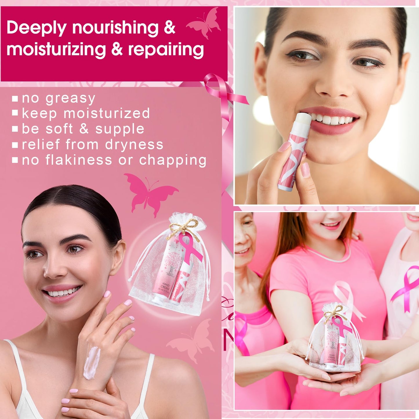Dansib 24 Sets Breast Cancer Awareness Favors Breast Cancer Hand Cream and Lip Balm Gift for Women Pins Pink Ribbon Travel Size