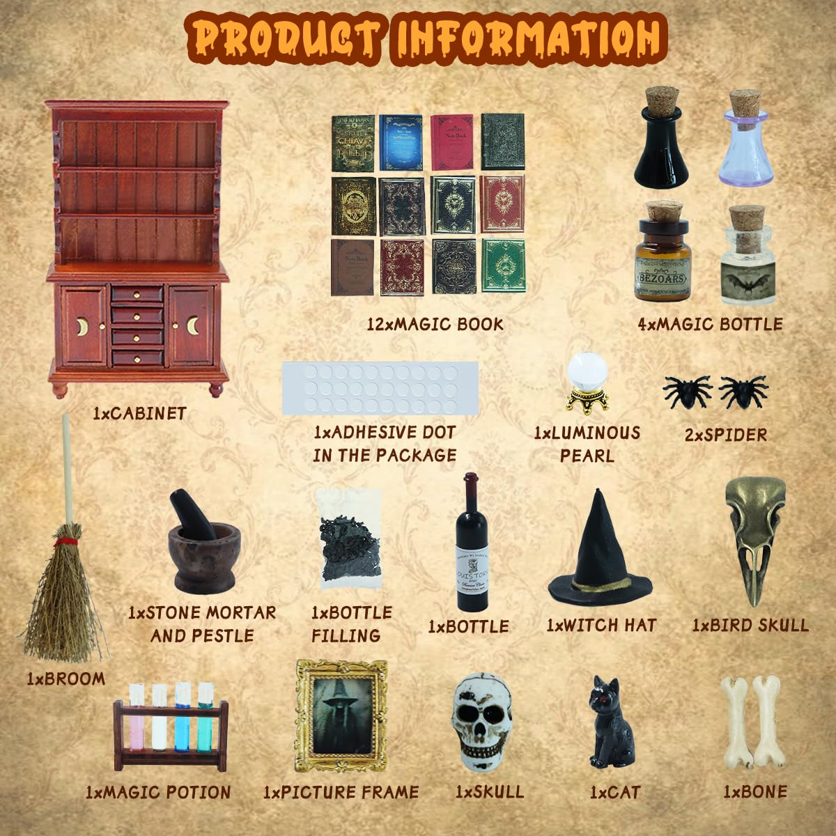 BEIREG Dollhouse Miniatures 1/12 Scale Accessories, Wooden Bookshelf Furniture Set - Magic Bottle&Potion, Witch Frame and Hat, Mini Bookcase, Haunted Dollhouse Halloween Decorations for Kids Gifts
