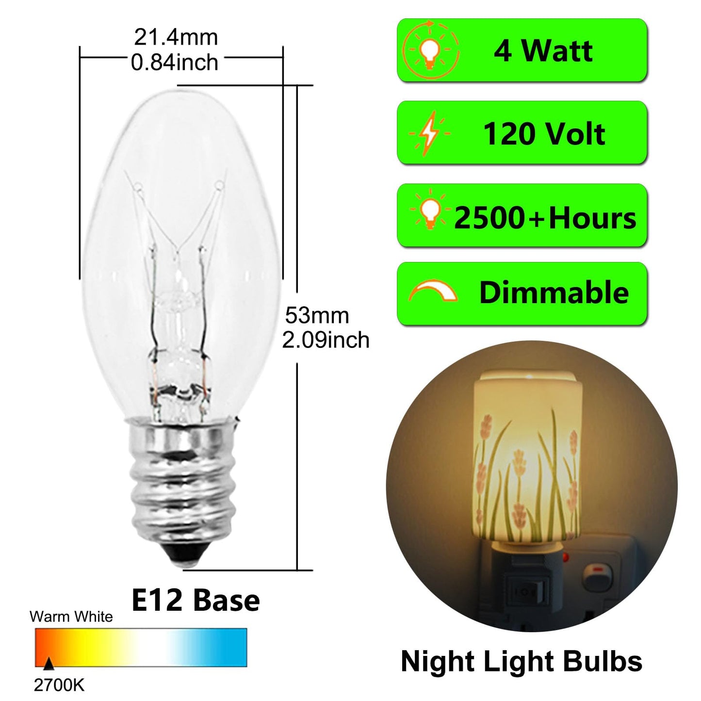 PaeorRorL Night Light Bulbs 4 Watt 15 Pack E12 Base Dimmable Plug in Night Light Bulbs - C7 Small Light Bulb Replacement for Night Lights,Christmas Lights,Table Lamps & Porch,Clear Warm White Glow