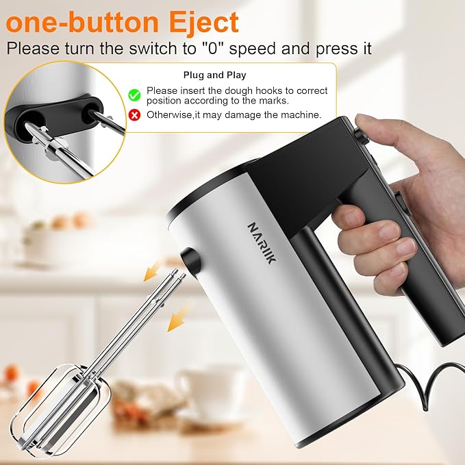 Electric Hand Mixer, 600W Kitchen Handheld Mixer, Turbo Boost/Self-Control Speed + 5 Speed + Eject Button + Stainless Steel Hand Beaters*2 & Dough Hooks*2, Kitchen Mixer for Cream/Cookies/Dough