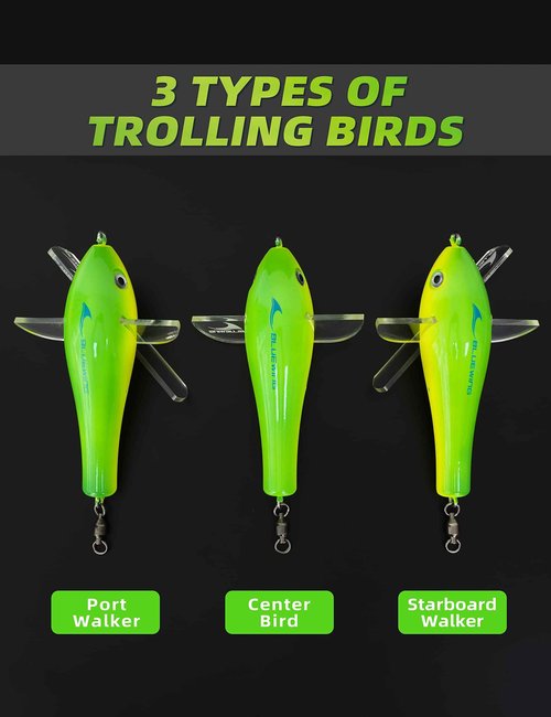 BLUEWING 18" Upgraded Fishing Spreader Bar Starboard Walker Offshore Trolling Spreader Bar with 9" Bulb Squids and 316 Stainless Steel Rod for Wahoo Tuna Marlin Mahi Mahi, Yellow/Green