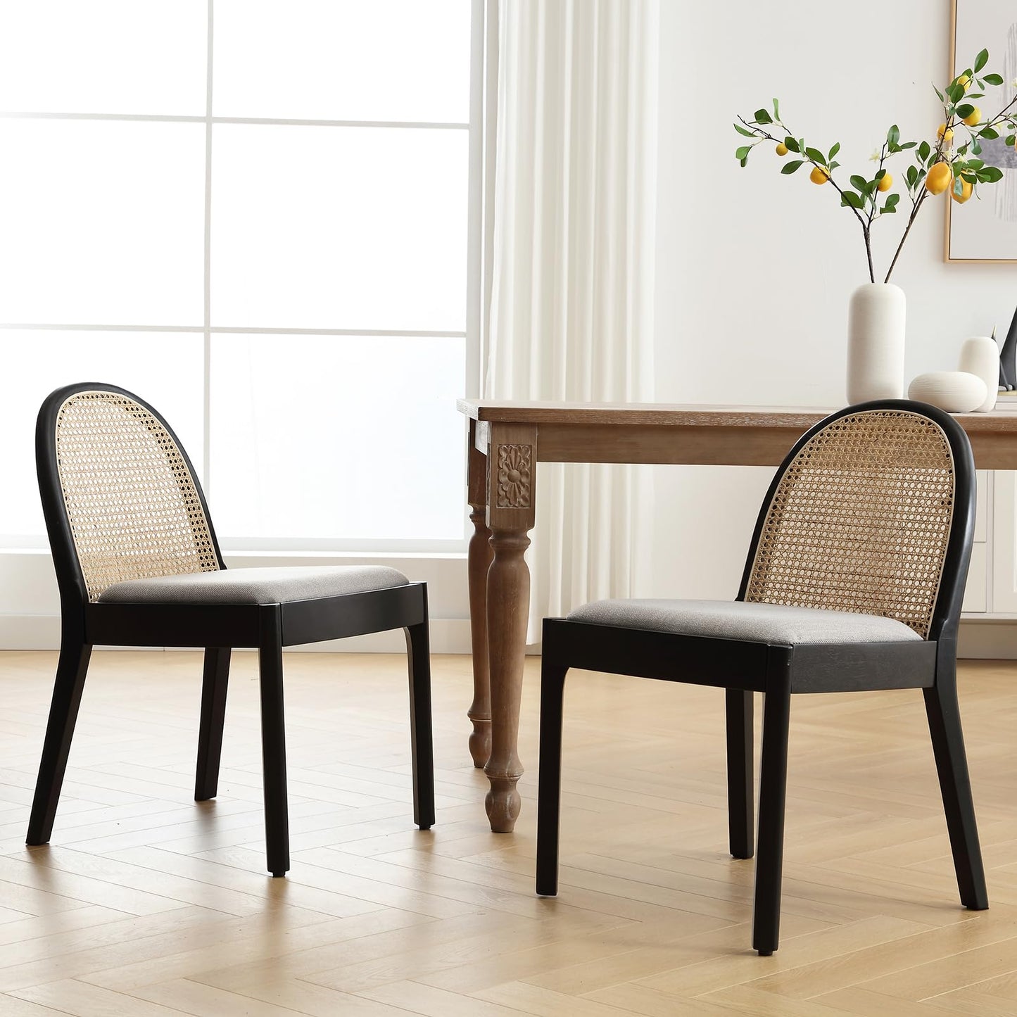 DUOMAY Mid-Century Modern Rattan Dining Chairs Set of 4, Wooden Dining Room Chair with Cane Backrest and Padded Seat, Grey Linen Upholstered Dining Chair, Black Finish