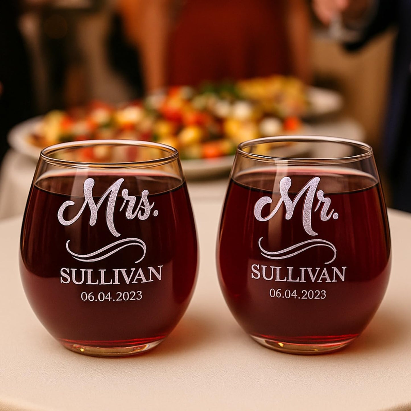 Gifts Inscribed Personalized Mr and Mrs Wine Stemless Glass Set of 2 – Custom Engraved Wedding Stemless Wine Glasses Gift for Couples, Engagement, Birthday, or Anniversary