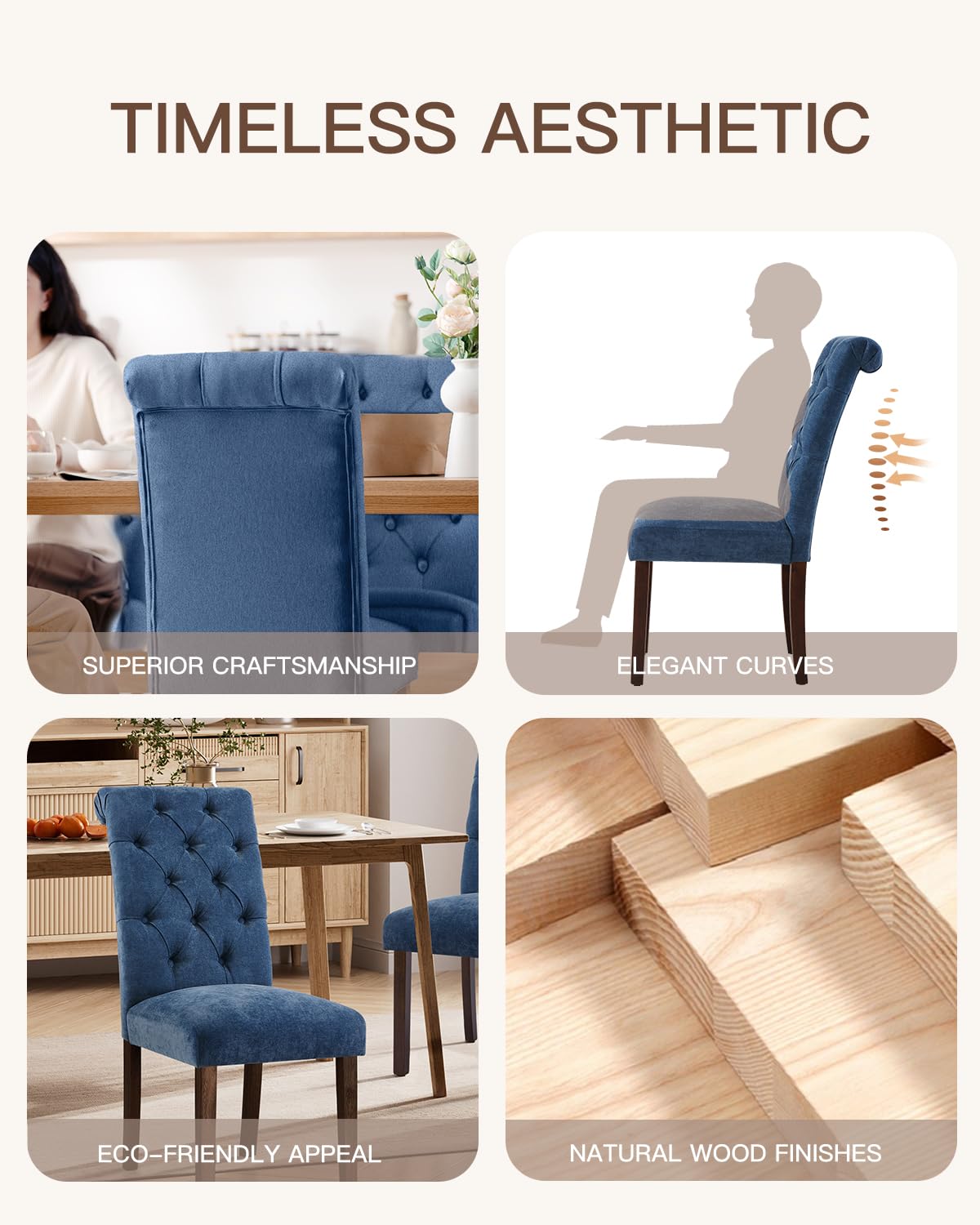 Homixis Dining Chairs Set of 4, Button Tufted Parsons Upholstered Chairs with Solid Wood Legs, Mordern Fabric Kitchen Chairs for Dining Room,Blue