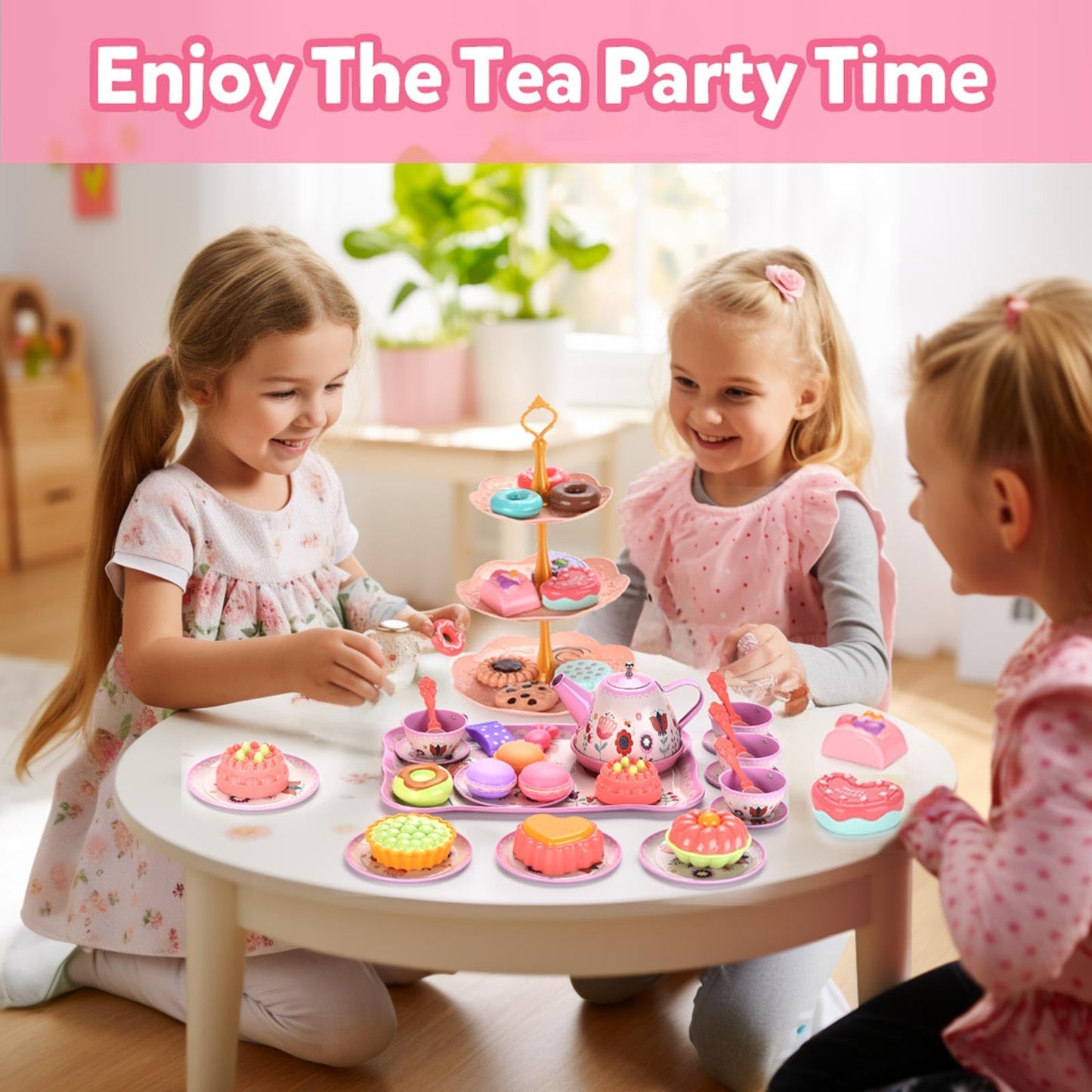 Lajeje Tea Party Set for Toddlers & Little Girls Ages 3-6 – Princess Pretend Play Kitchen Toy with Tin Tea Set, Desserts & Carrying Case