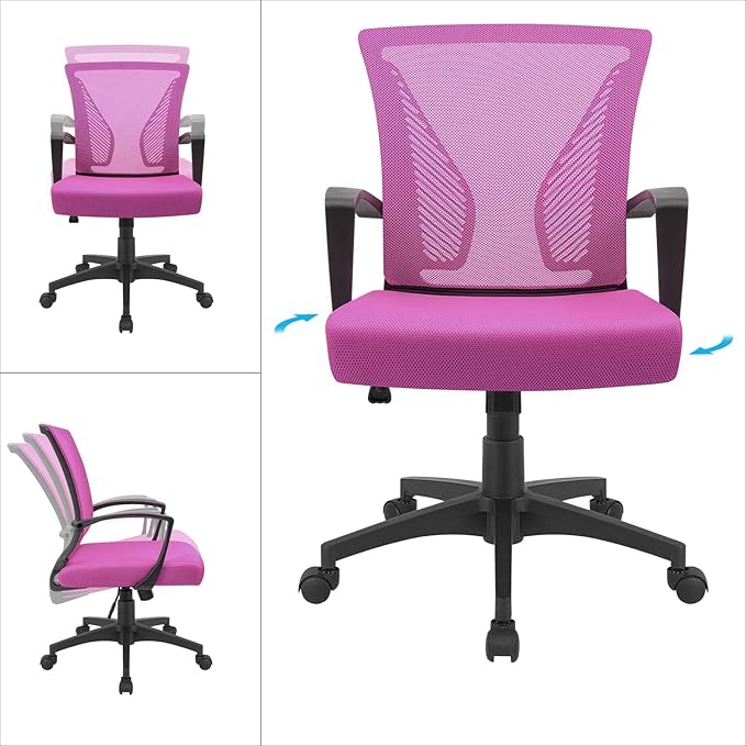 Furmax Office Chair Ergonomic Computer Desk Mesh Chair Mid Back Swivel Lumbar Support with Armrest (2, Pink)
