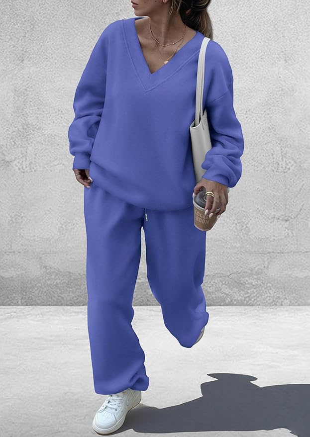 PRETTYGARDEN Casual Winter Two Piece Sets for Women 2026 V Neck Sweatshirt Loose Wide Leg Pants Tracksuit Knit Fall Outfits
