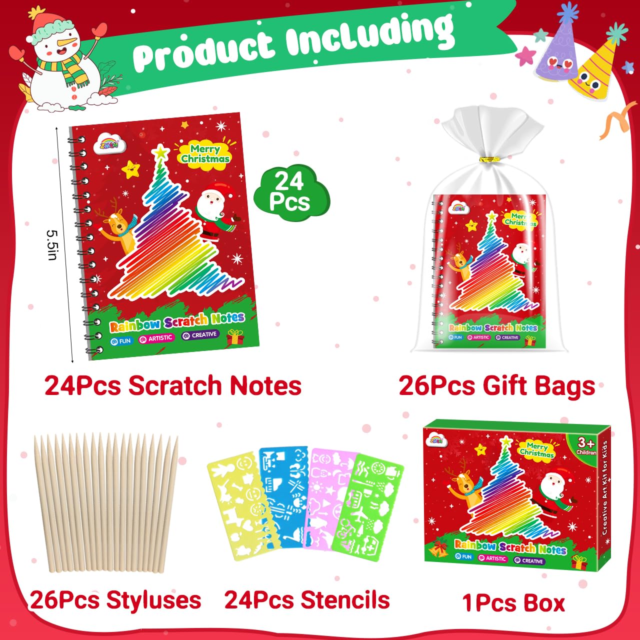 ZMLM Rainbow Scratch Party Favors Kids: Birthday Gifts Toy Bulk Scratch Art Notebook 24 Pack Birthday Goodie Bags Stuffers Girls Boys Art Craft Pad Classroom Prizes School Teacher Supplies (Christmas)