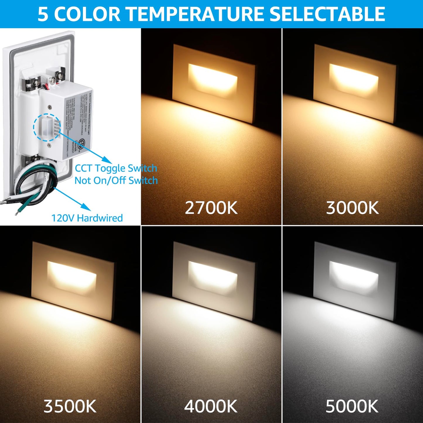 LEONLITE White 5CCT 120V LED Step Lights, 3.5W 150LM 5%-100% Dimmable Horizontal Stair Lights Indoor Outdoor Wet Location, CRI90+ & ETL, 2700K/3000K/3500K/4000K/5000K, Aluminum, Pack of 6