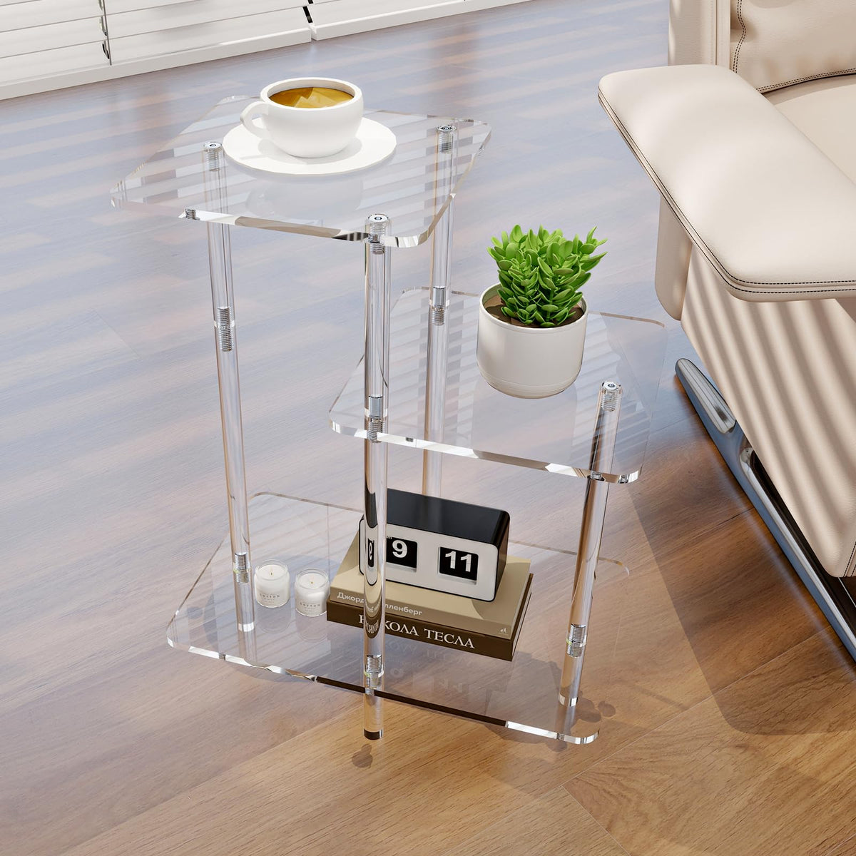 DigDozer 3 Tiers Acrylic Side Table, Square Step End Table, Clear Acrylic Nightstand for Living Room, Bedroom, Hallway (17" L x 10" W x 23.6" H, Square)