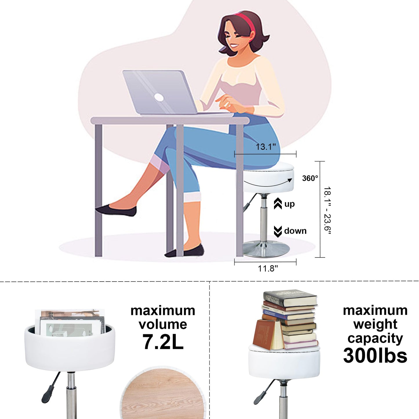 LITZFUR Vanity Stool for Makeup Room, Round Storage Ottoman Height Adjustable Leather Vanity Chair, 360° Swivel Footrest for Living Room Bedroom, White