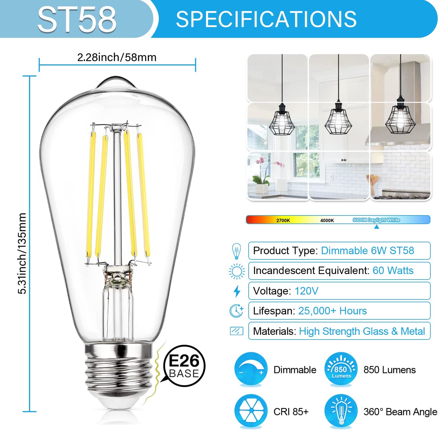 MAXvolador 4 Pack Vintage LED Edison Bulbs 60W Equivalent, Dimmable Led Light Bulbs 850LM High Brightness, 5000K Daylight White, E26 Base ST58 LED Filament Bulbs, Clear Glass
