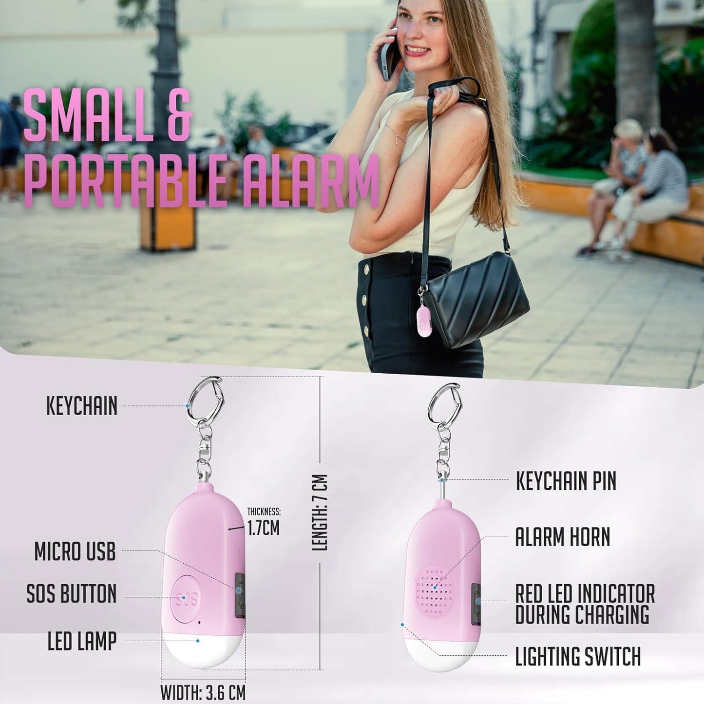 Kimfly Personal Alarm Siren 5-Pack - 130Db Self Defense Alarm Keychain, Rechargeable With Emergency Led Flashlight - White, Touc
