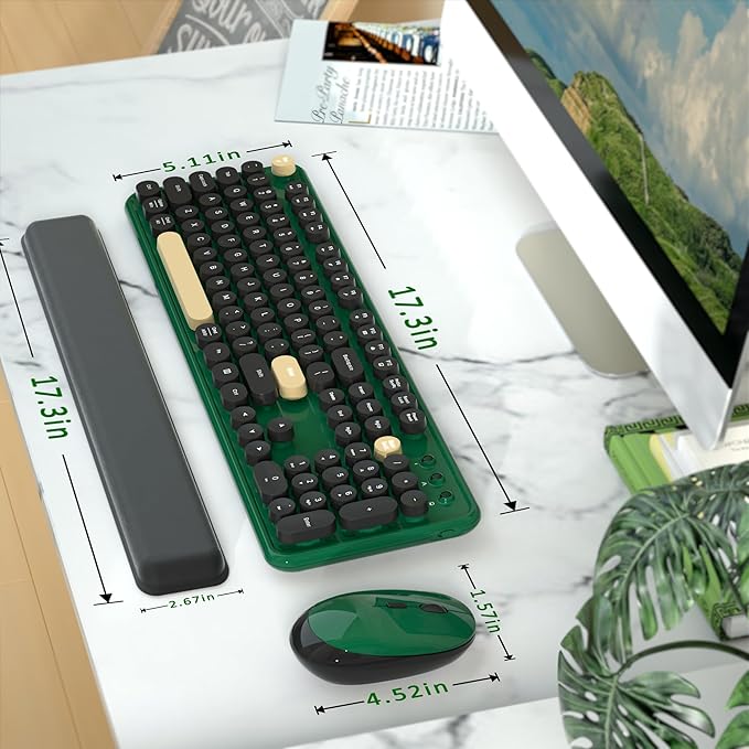 Colorful Wireless Computer Keyboards Mouse Combos, Cute Retro Typewriter Keyboard with Round Keycaps, 2.4 GHz 104 Keys Full-Sized USB/Type C Receiver Keyboard and Optical Mouse(Dark Green)