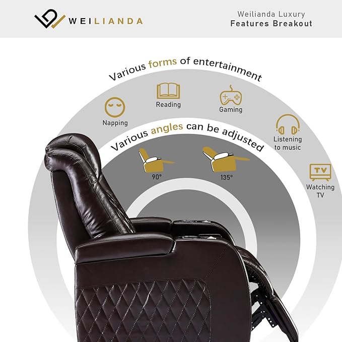 Weilianda Home Theater Seating Top Grain Leather Zero Gravity Recliner Chair Power Headrest Recline Movie Seat Gaming 7 Colors Mood Light Sofa with Tray Table USB Charge Row of 5 Loveseat Right Brown