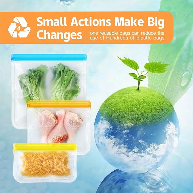 10 Pack Dishwasher Safe Reusable Bags, Leakproof Reusable Freezer Bags, BPA Free Food Storage Bags for Lunch Marinate Food Travel - 3 Gallon 3 Snack 4 Sandwich Bags