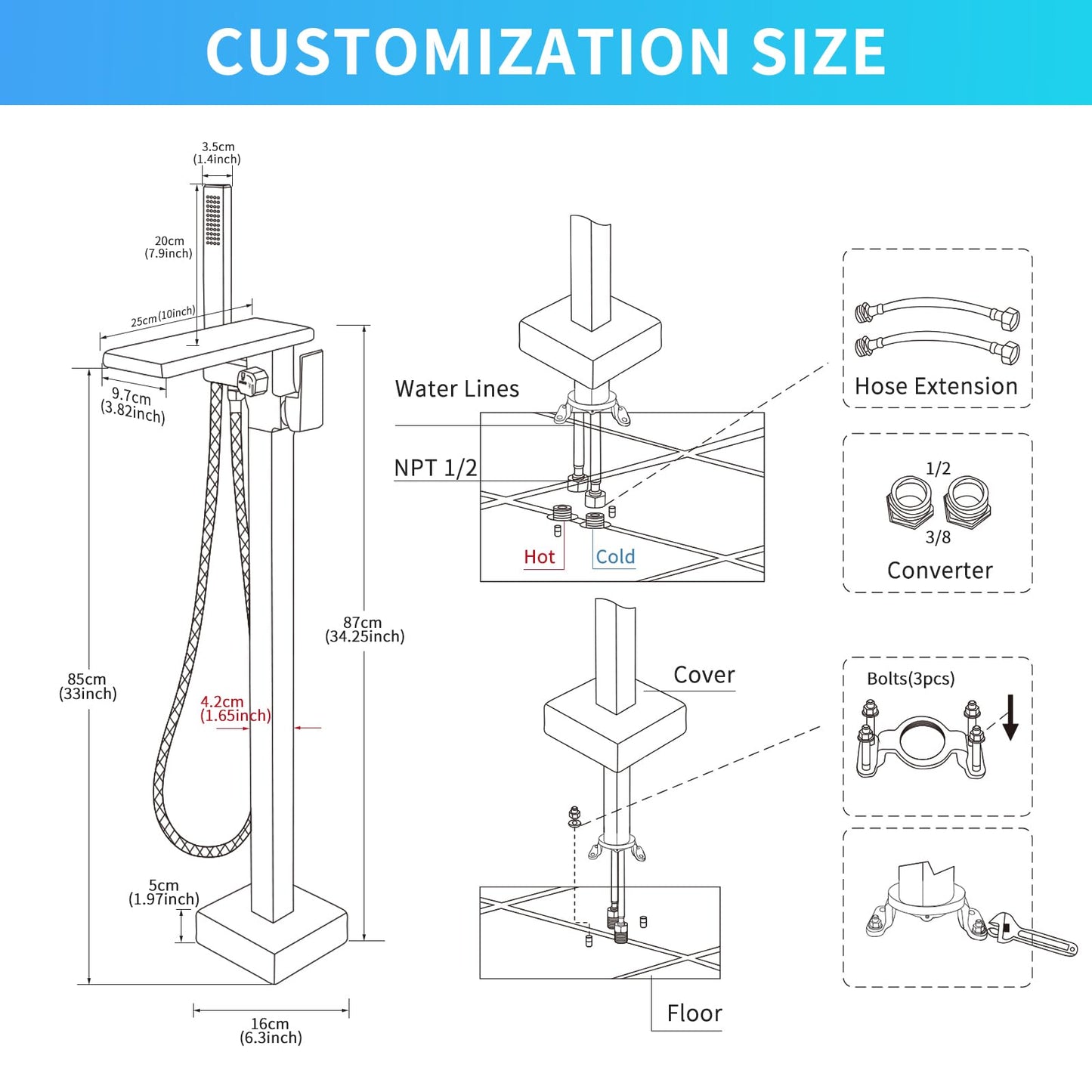 Freestanding Bathtub Faucet with Handheld Spray Single,High Flow Waterfall Bath Shower Faucet,Floor Mount Bathtub Faucet Swivel Flat Waterfall Spout Polished Chrome