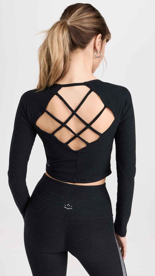 Beyond Yoga Women's Spacedye Enlighten Cropped Pullover, Darkest Night, Black, L