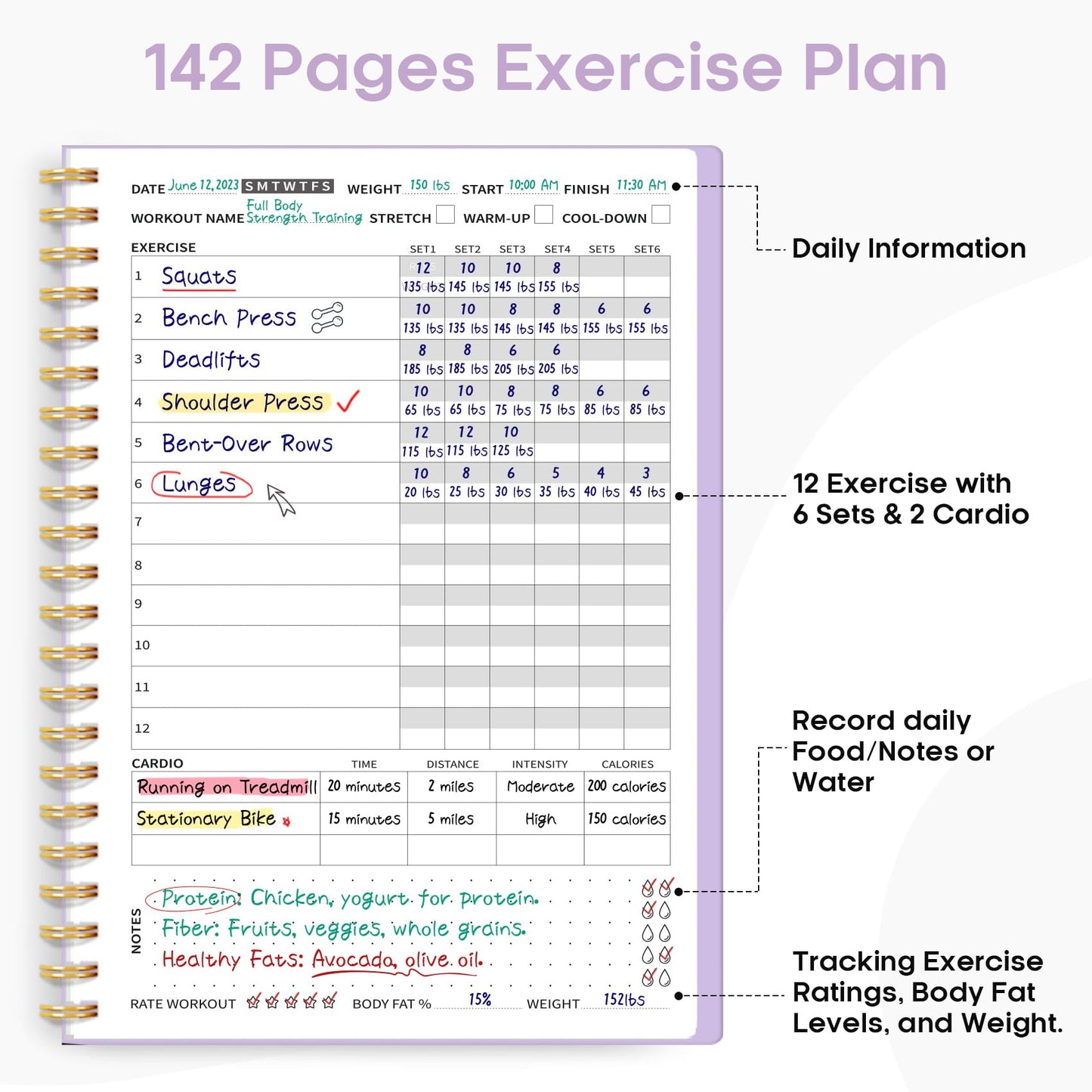 Fitness Workout Journal for Women & Men, A5(5.5" x 8.5") Workout Log Book Planner for Tracking, Progress, and Achieving Your Wellness Goals-Lavender