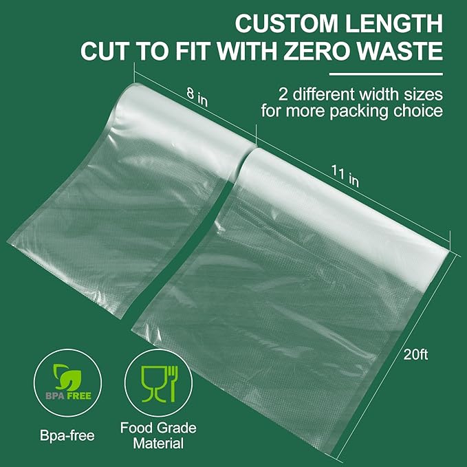 Vacuum Sealer Rolls Bags, 6 Pack 3 Rolls 11" x 20' & 3 Rolls 8" x 20' Commercial Grade BPA Free Bag Rolls, Durable Customized Size Food Vac Bags for Meal Prep, Storage and Sous Vide Cooking