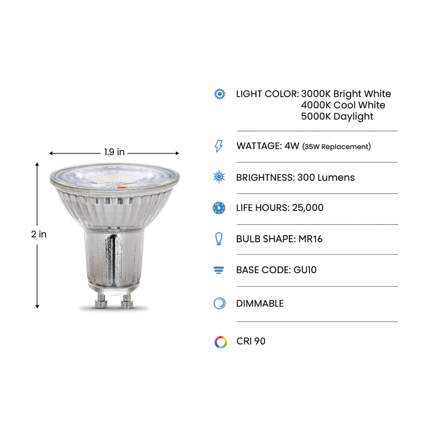 Feit Electric MR16 LED Reflector Light Bulb, 35W Equivalent, Dimmable, GU10 Base, 90+ CRI, 300 Lumen, Adjustable Color Temperature Track Lighting, 25,000-Hour Lifespan, BPMR16GU10353CCTCA/3, 3-Pack