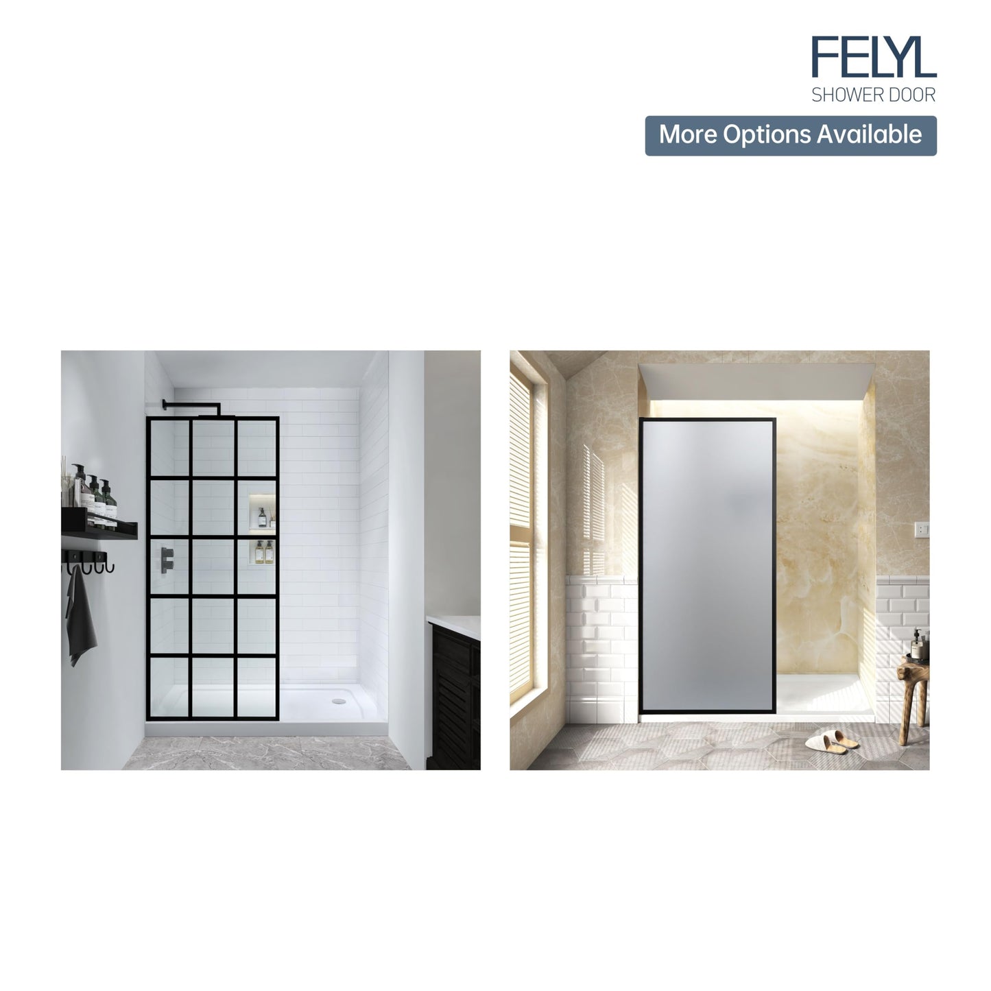 FELYL Black Grid Shower Glass Panel 34" W x 72" H, Matte Black, Framed Fixed Glass Panel, 5/16" (8mm) SGCC Tempered Glass, Reversible Installation