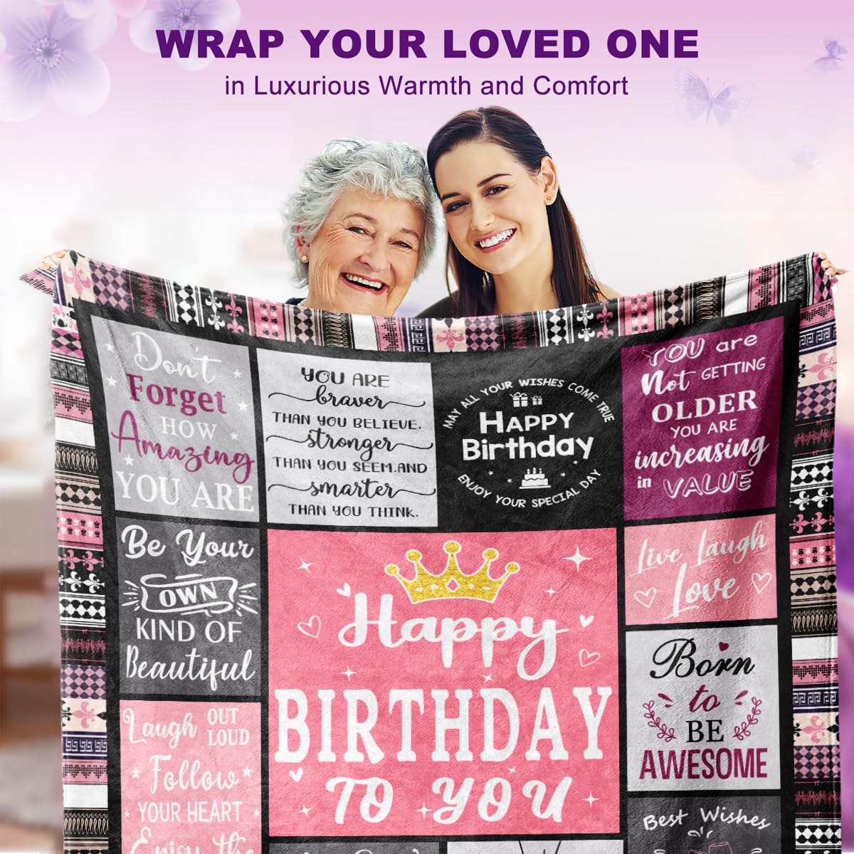 Keveloya Birthday Gifts for Women Girls Throw Blanket 60"X50", Happy Birthday Decorations Blanket, Unique Happy Birthday for Women, Womens Birthday Gift Ideas for Her Friend Mom Sister Grandma Wife
