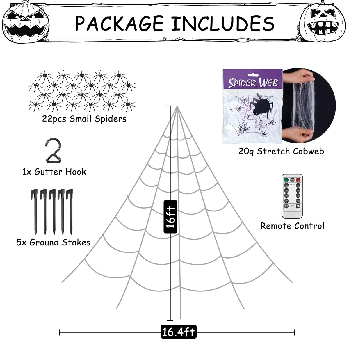 Spider Web Halloween Decoration Outdoor Lights, 125 Purple LED Light Up 16.4Ft Giant Spiderweb & 22 Small Fake Spiders & 20g Stretch Cobweb, 8 Modes Remote Control Lighted Decor for Yard Outside