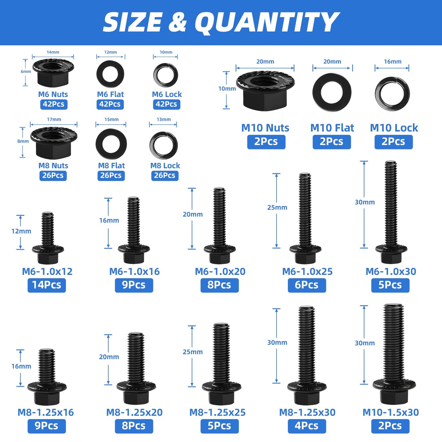 Besitu 280Pcs Metric Flange Bolt Assortment, M6x1.0, M8x1.25, M10x1.5 (12mm to 30mm) Assorted Hex Bolts and Nuts Washers Kit for Automotive, 10.9 Black Zinc Galvanized