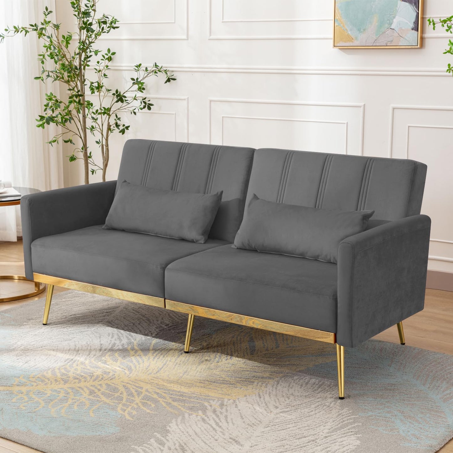 dannratch 70'' Futon Sofa Bed Velvet Convertible Sleeper Sofa Tufted Couch Bed with Adjustable Armrests and Backrest, Modern Loveseat Sleeper Bed with 2 Bolster Pillows for Living Room, Bedroom, Grey