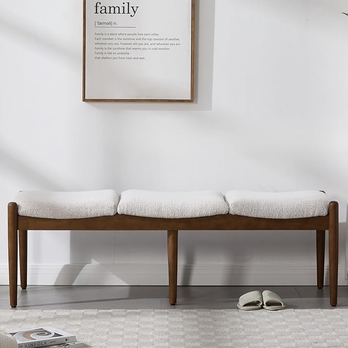 RIVOVA 54.25" Modern Ottoman Bench Upholstered Sherpa Bedroom End of Bed Bench Boho Bench Long Seating Bench Entryway Stool with Wood Legs for Living Room/Foyer, Beige
