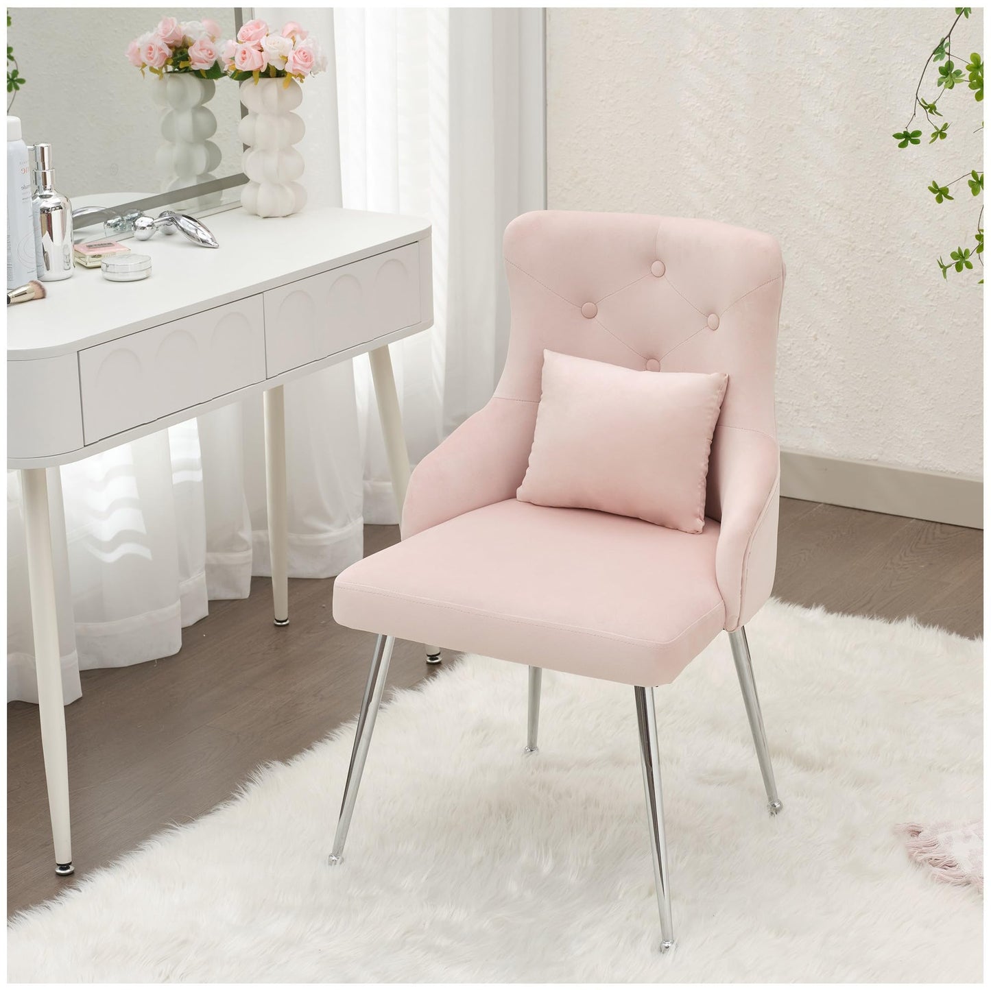 UDAX Velvet Vanity Dining Chairs, Upholstered Makeup Accent Reading Chair, Office Desk Vanity Stool Chairs with Metal Legs for Kitchen, Bedroom, Living Room, Pink