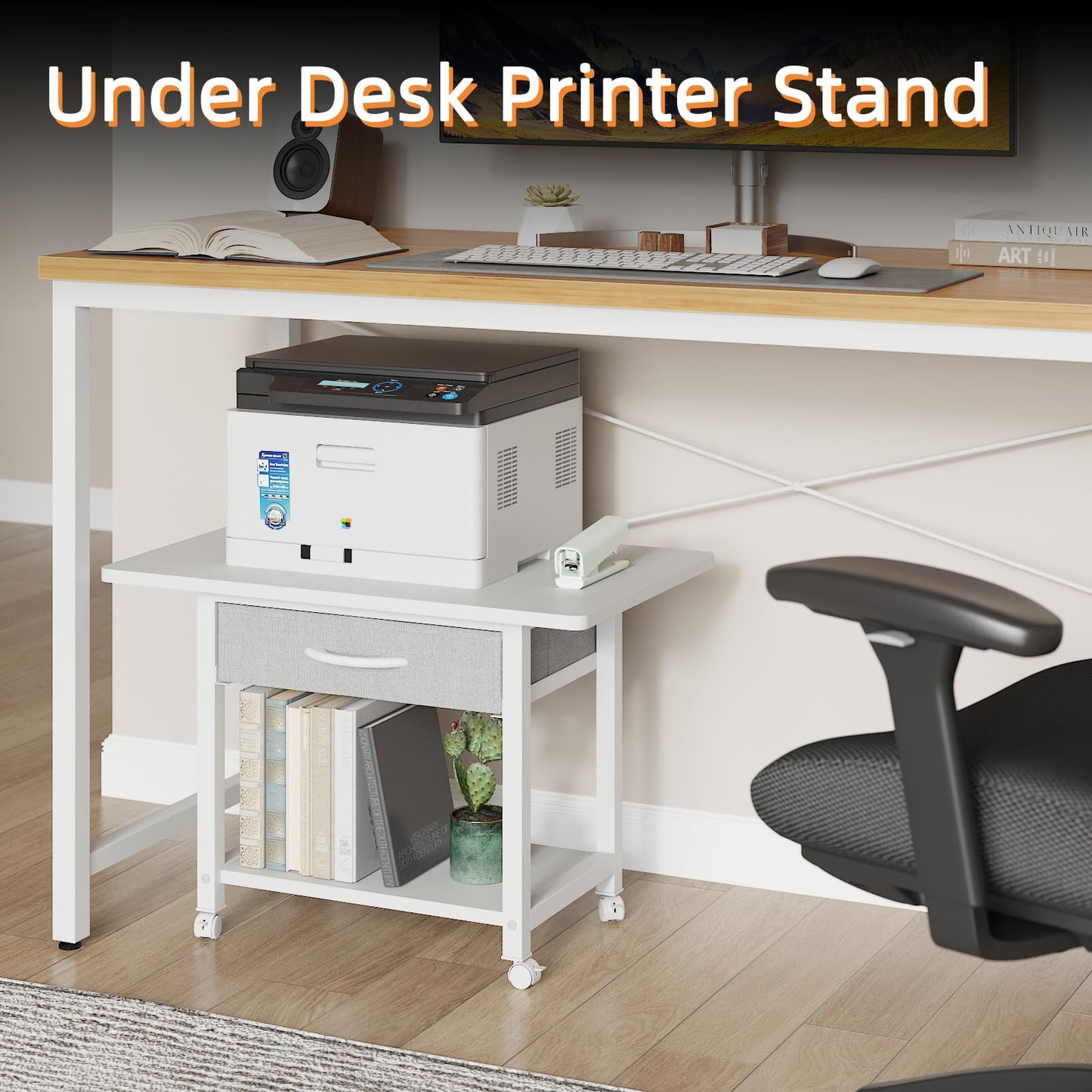 YAOHUOO 22"x15" Large Printer Stand with Storage Drawer, 2-Tier Under Desk Table for Home Office, Fits Fax Machine/3D Printer/Scanner (White)