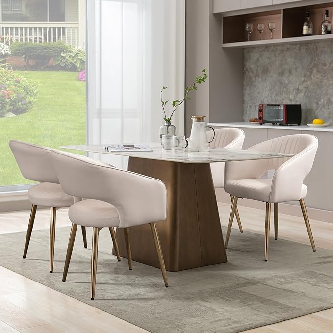 COMULER Faux Leather Dining Chairs Gold Legs, Modern Cream PU Leather Dining Room Chairs with Arms Set of 4 Upholstered Accent Chair Armchair with Barrel Back for Kitchen Living Room